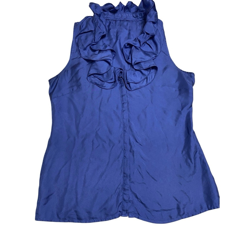 Banana Republic 100% Silk Ruffle Neck Blouse Cobalt Blue Sleeveless Top Size Sm